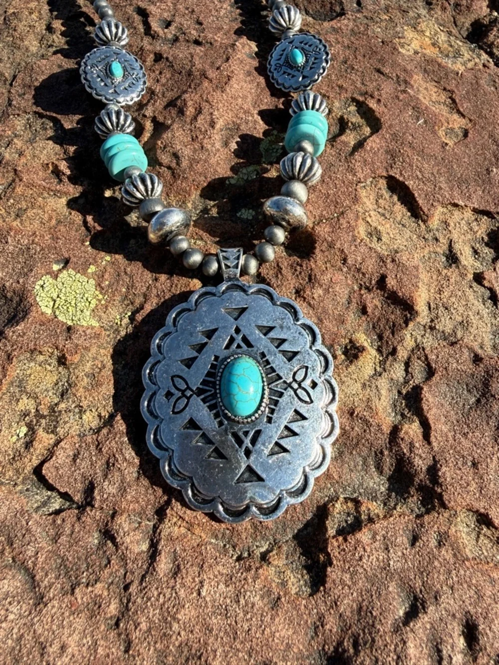 Southwestern Style Turquoise Pendant Necklace + Matching Earrings Set